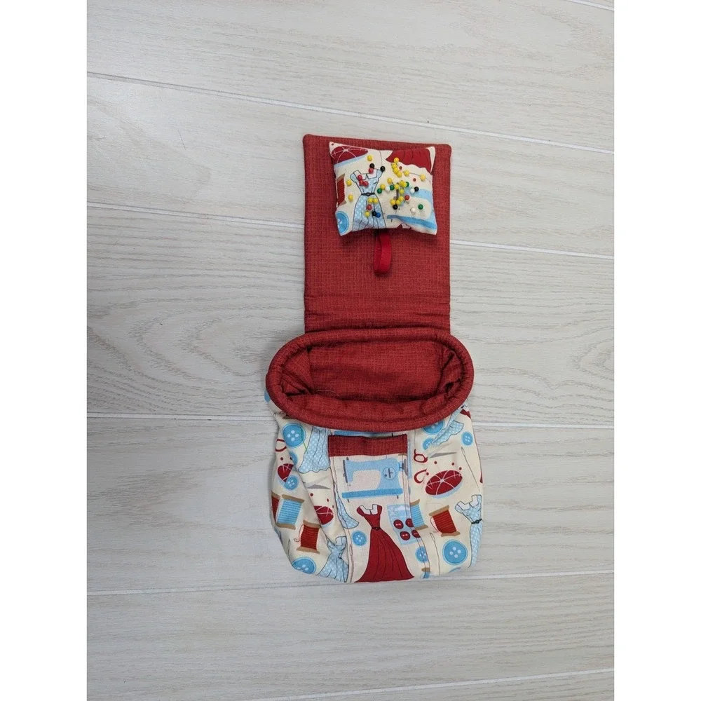 Small Chair Sofa Armrest Sewing Bag Attached Pin Cushion Red Blue Clothing Print